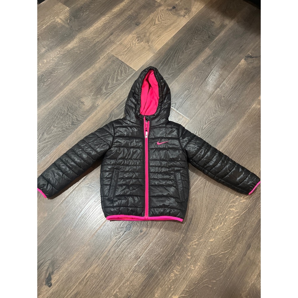 Nike‎ Girls Puffer Jacket Black Pink Hooded Quilted Fleece Lined Size 4-5 YRS